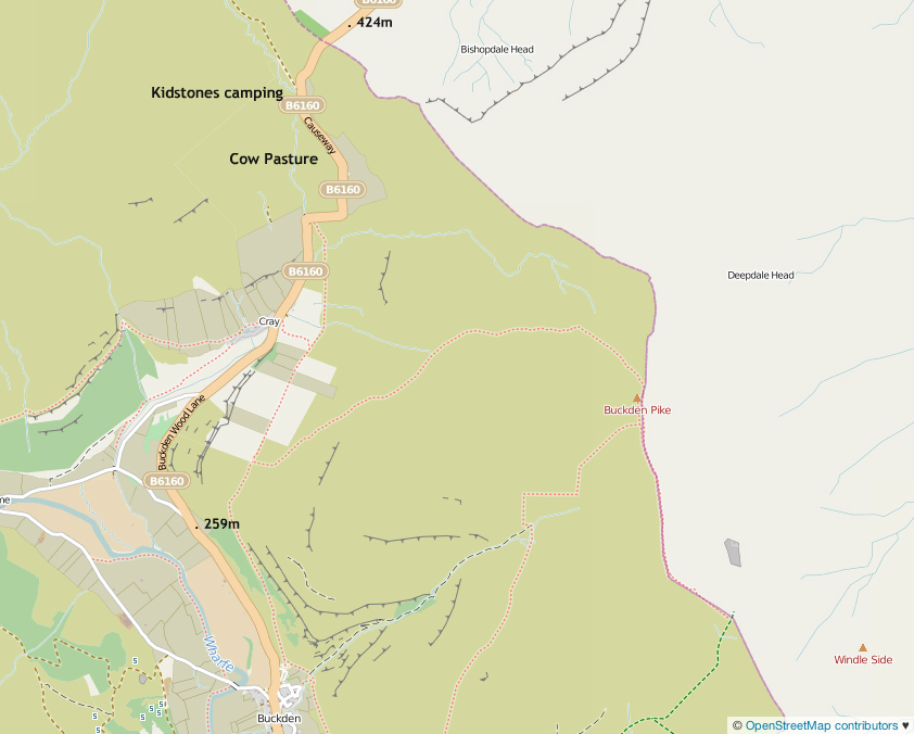 Map of the Cote de Cray climb from Buckden via Cray to Kidstones Pass Map of the Cote de Cray climb from Buckden via Cray to Kidstones Pass