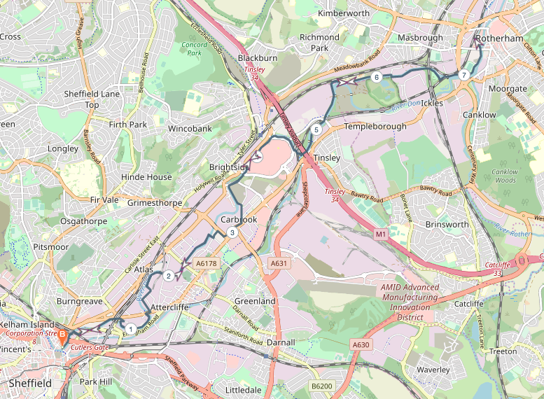 Sheffield to Rotherham overview map